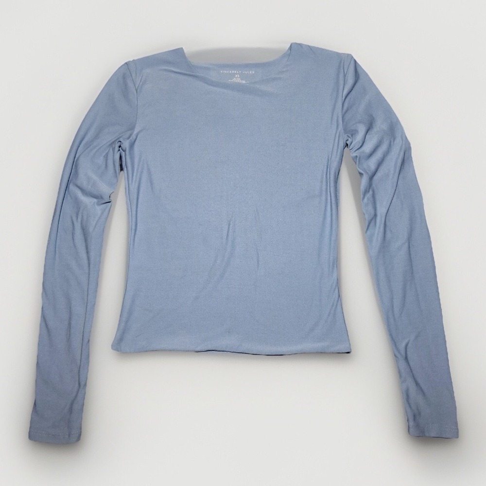 Sincerely Jules Womens Long Sleeve Top Light Blue XS Boat Neck Slim